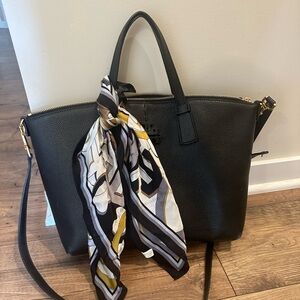 Tory Burch Black Pebbled Leather McGraw Top Zip Satchel with Tory Burch Scarf